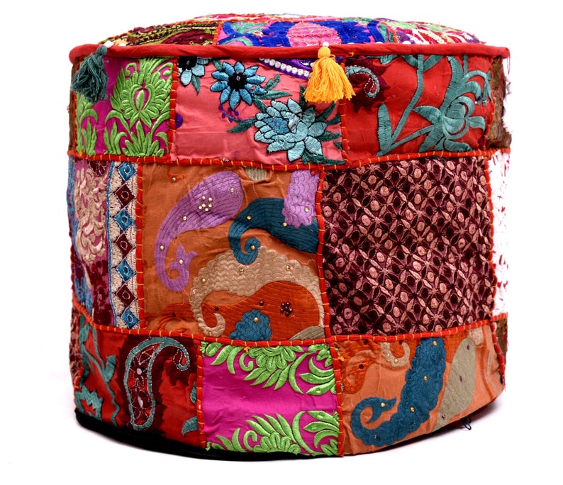 Round Ottoman Pouf Cover Vintage Cotton Fabric Embroidered Patchwork Interior Decor Pouf Seat Handwoven Bohemian Indian Traditional Handmade - Vanty