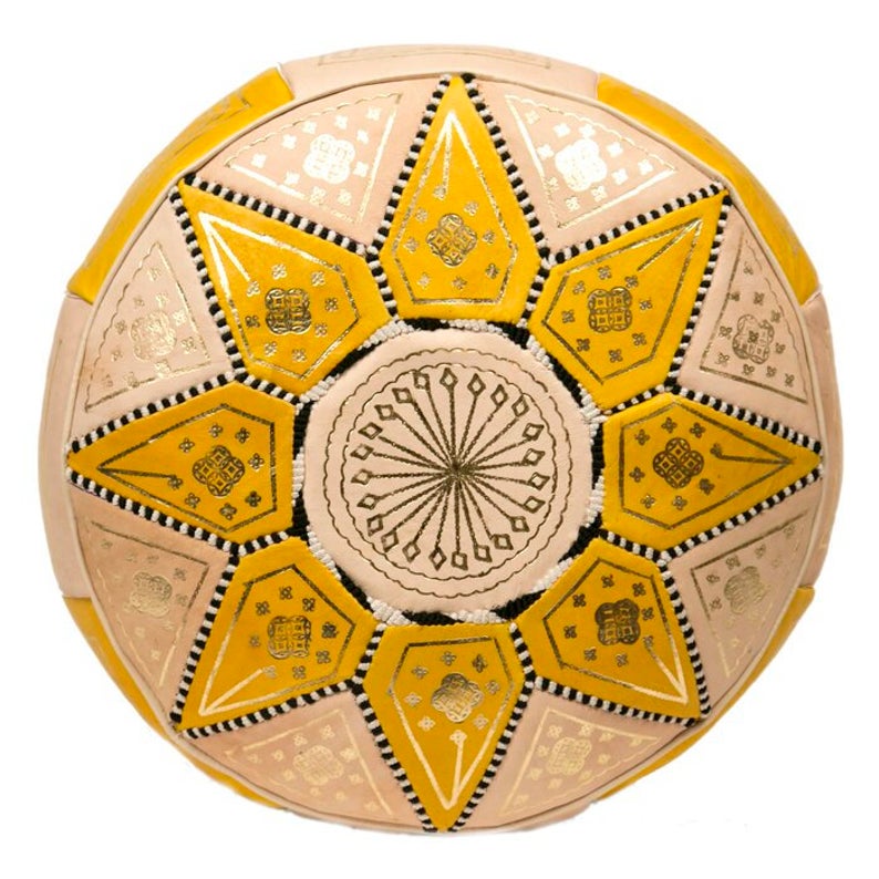 Round Pouf ottoman, ottoman leather Moroccan POUF Premium Luxury Moroccan Leather Ottoman Pouffe Yellow Poufs Footstool Hassock - Vanty