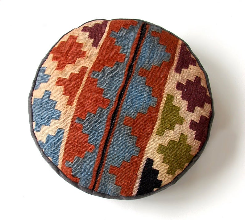 Washed Tribal Geometric Meditation Pillow, Kilim Moroccan Pillow, Shabby Shic Cushion, Round Cushion, Kilim Home Decor, 14x3inch (36x6 cm) - Vanty