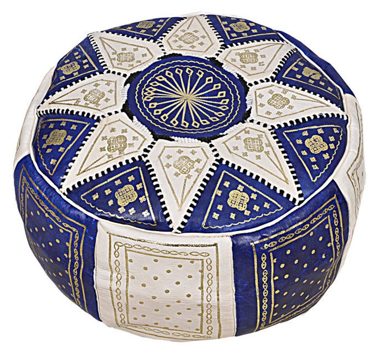 Blue - Orange - Brown Leather Pouf - Colorful poufs - Moroccan pouf, Berber pouf, Moroccan ottoman leather pouf - Real Natural Leather - Vanty